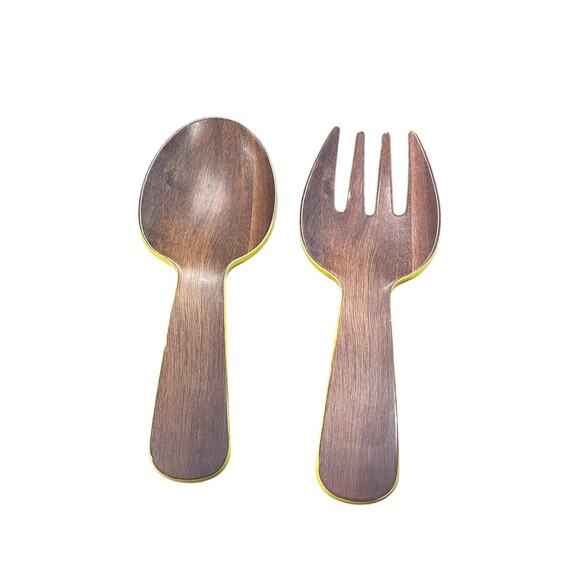 Vintage Salad Servers Decorative Cutlery Yellow Wood Design Spoon Fork Two Piece - Picture 1 of 7